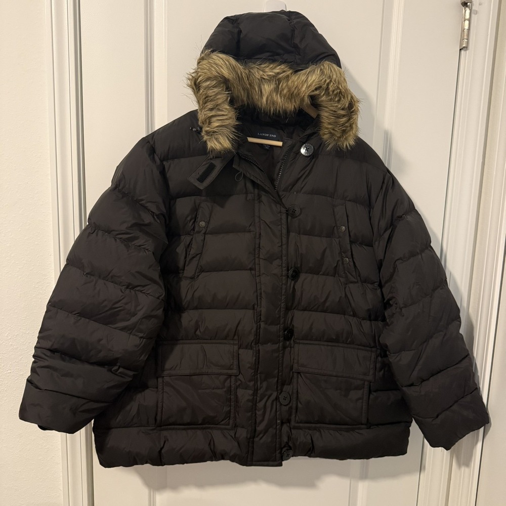 Lands' End Goose Down Puffer Jacket Brown Hooded Coat w/ Faux Fur 2X 20W-22W